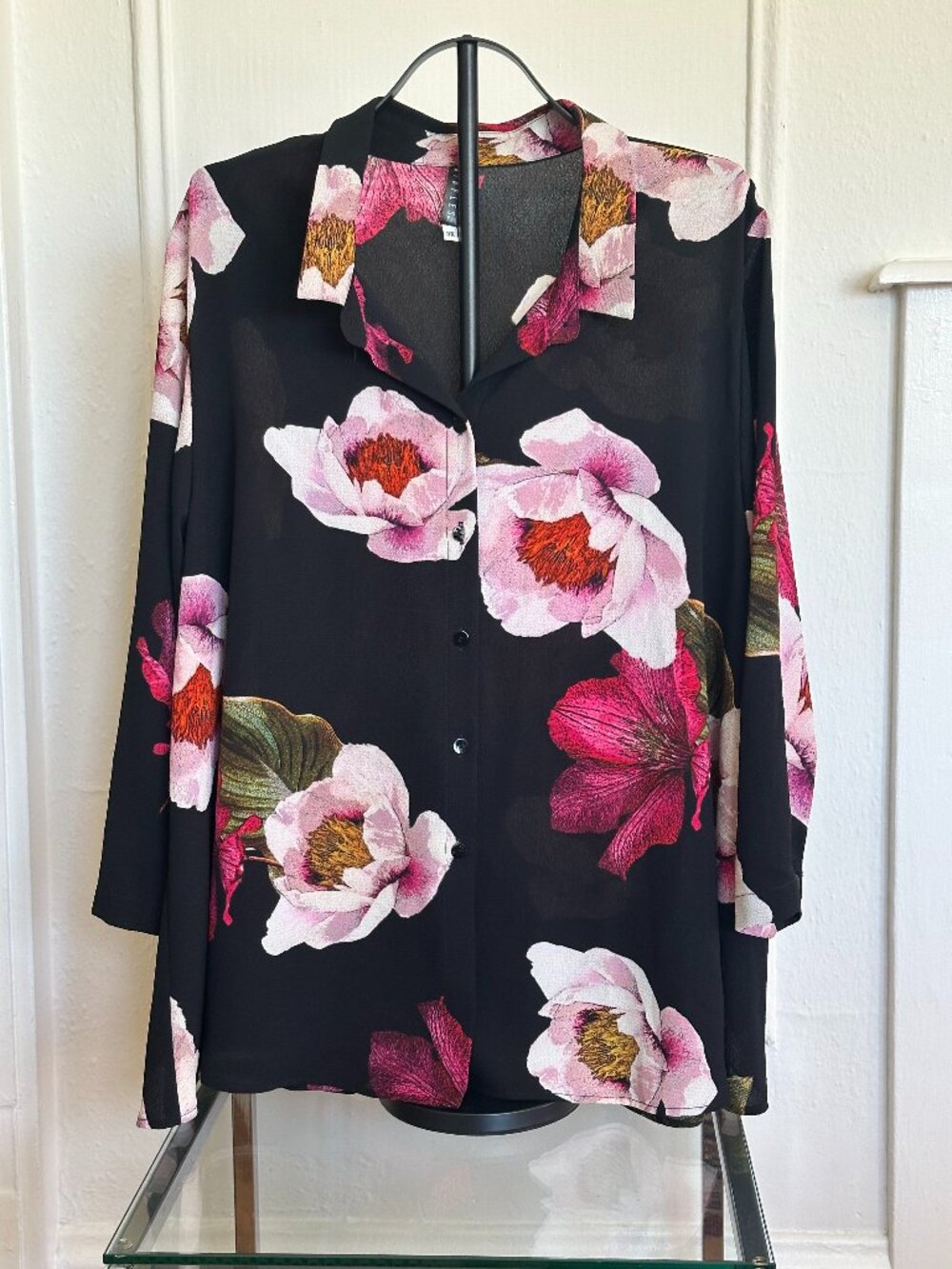 Staples 3X Sheer Floral Blouse Black Pink Oversized Button Front Top